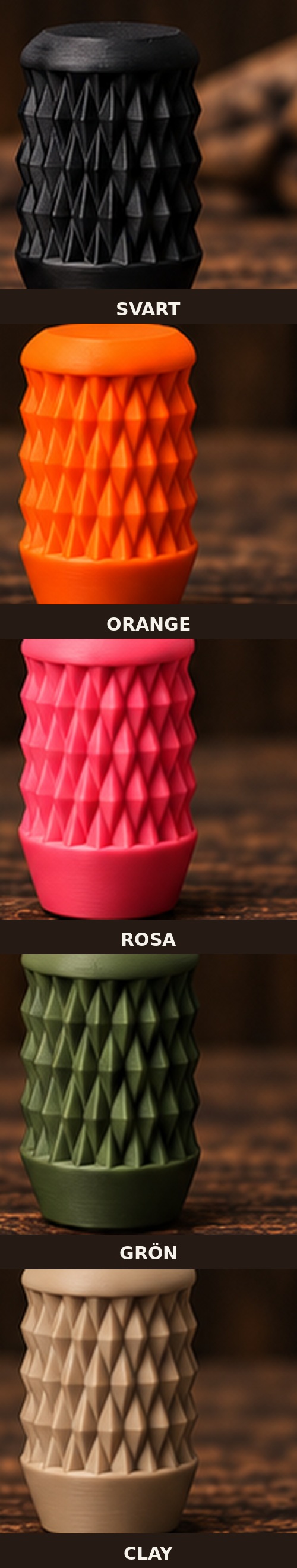 Diamond Grip i färgerna svart, orange, rosa, grön och clay
