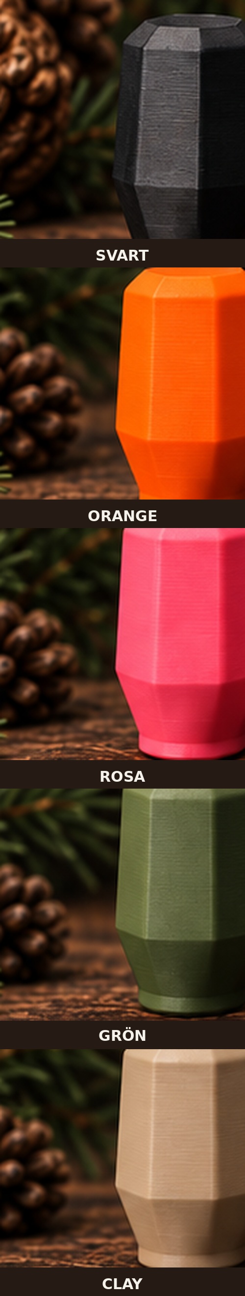 Hexagon Grip i färgerna svart, orange, rosa, grön och clay
