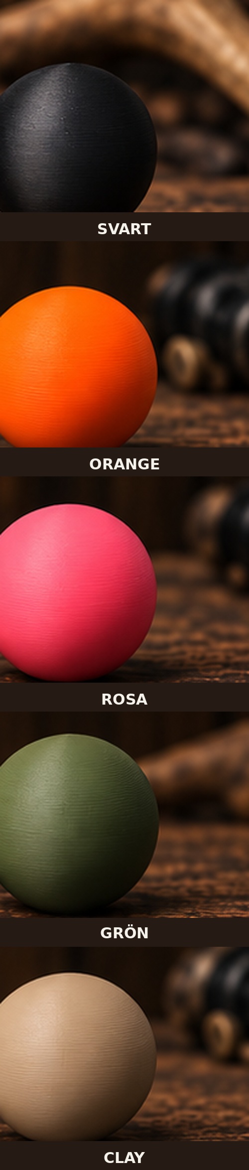 Round 25 i färgerna svart, orange, rosa, grön och clay